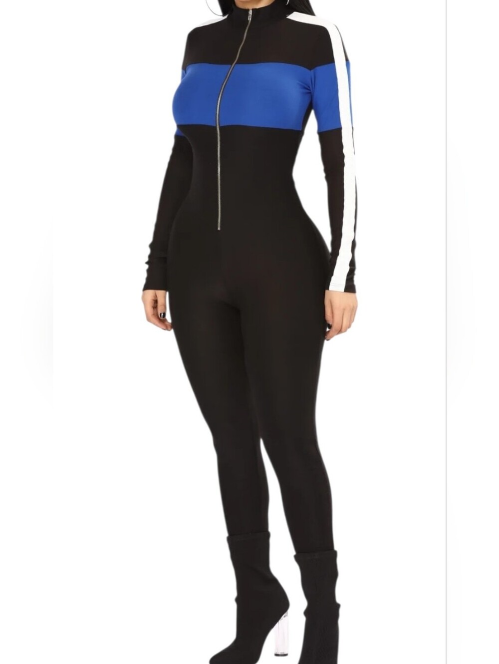 Fashion Nova Under Construction Lounge Jumpsuit Black Royal Blue Zip-Front